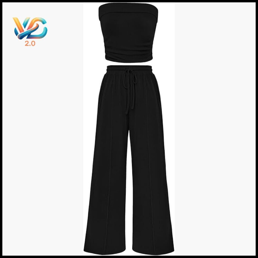 Ribbed Knit Tube Top & Wide Leg Pants Lounge Set, Polyester Elastane